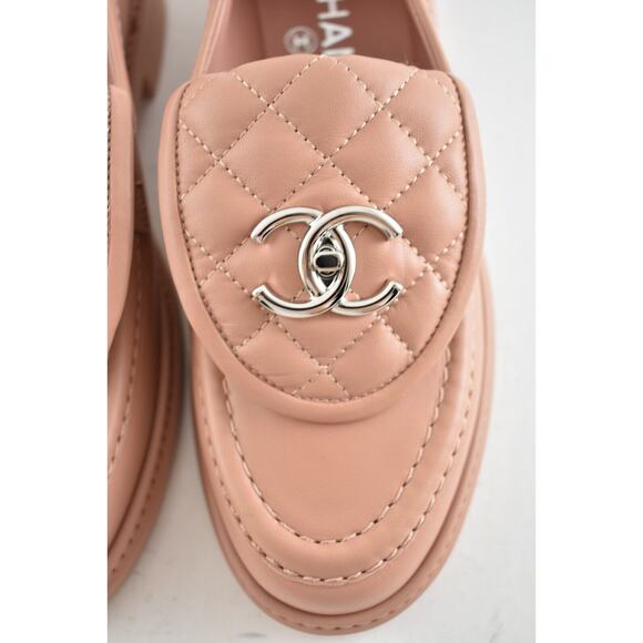 Chanel 21B Pink Silver Quilted Flap Turnlock CC Logo Mule Slip Flat Loafer 38.5 - Picture 6 of 11